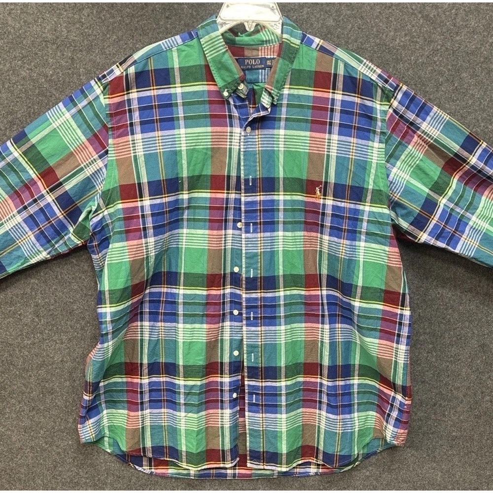 Polo Ralph Lauren Men's 2XLT Tall Green Multicolor Plaid Button Down Pony Shirt